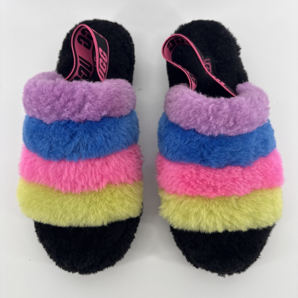 UGG Fluff Yeah Slide Slippers Women 9 Rainbow Shearling Slingback Platform